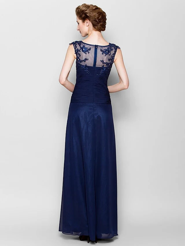 Wholesale Mother of the Bride Dress See Through Scoop Neck Floor Length Chiffon Sleeveless with Criss Cross Appliques